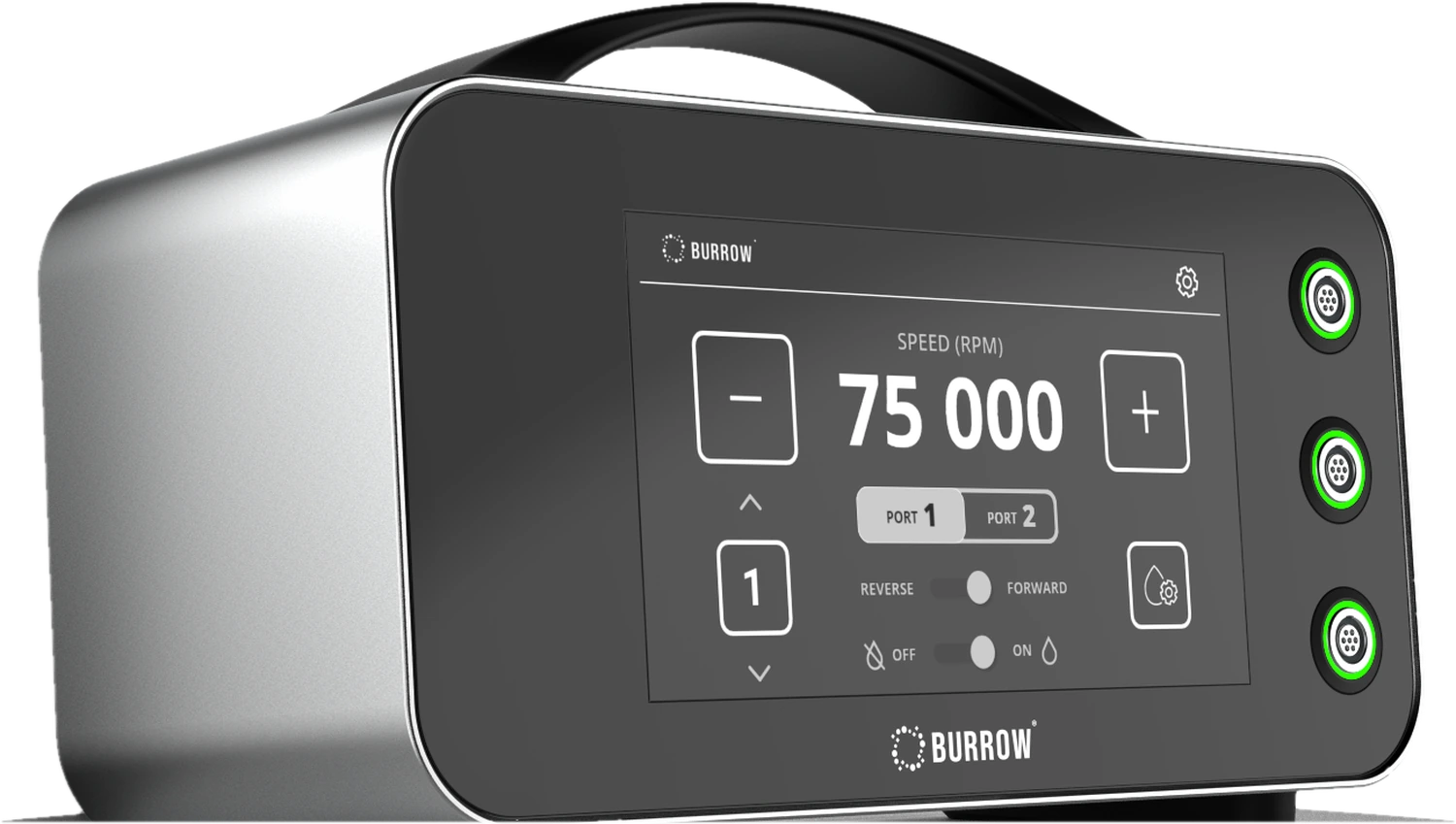 Burrow Console 1 showing 75,000 rpm, with port, direction and irrigation controls